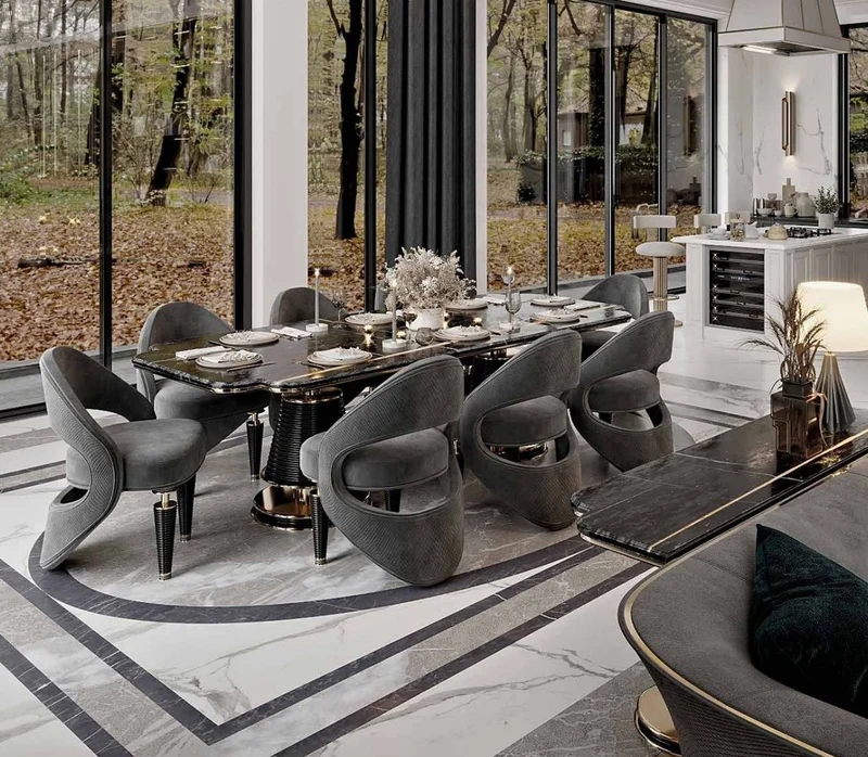 Casa Padrino Luxus Esszimmer Stuhl 8er Set Grau / Schwarz / Gold 57 x 60 x H. 85 cm - Esszimmer Möbel - Restaurant Möbel - Hotel Möbel - Luxus Möbel - Luxus Kollektion