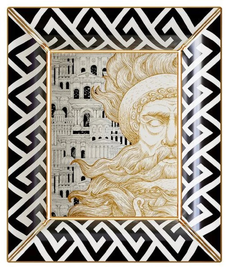 Casa Padrino Luxus Deko Schale Poseidon Weiß / Schwarz / Gold 20,5 x 17,5 x H. 13,5 cm - Handbemalte Porzellan Schale - Luxus Qualität - Made in Italy