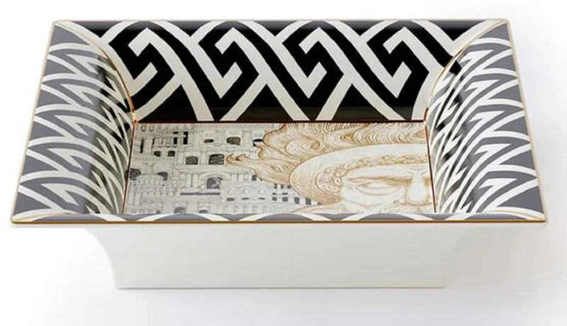 Casa Padrino Luxus Deko Schale Poseidon Weiß / Schwarz / Gold 20,5 x 17,5 x H. 13,5 cm - Handbemalte Porzellan Schale - Luxus Qualität - Made in Italy