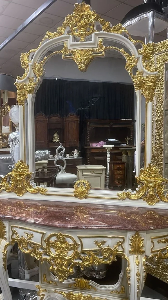 Casa Padrino Barock Spiegelkonsole mit Marmorplatte Weiß / Gold / Braun - Prunkvolle Barock Konsole mit Spiegel - Garderoben Möbel Barockstil - Barock Möbel - Antik Stil Möbel - Edel & Prunkvoll