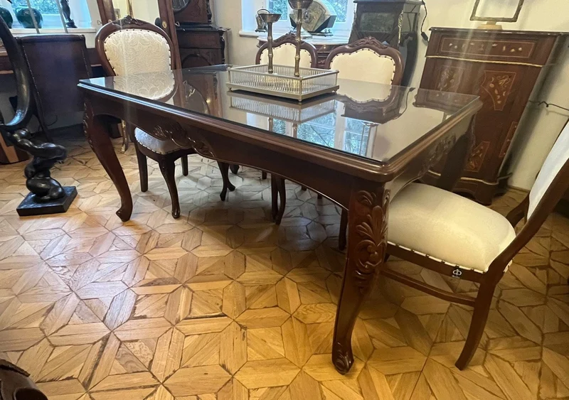 Casa Padrino Luxus Barock Esstisch mit Glasplatte Dunkelbraun - Handgefertigter Massivholz Esszimmertisch - Luxus Esszimmer Möbel im Barockstil - Barock Möbel - Barock Einrichtung