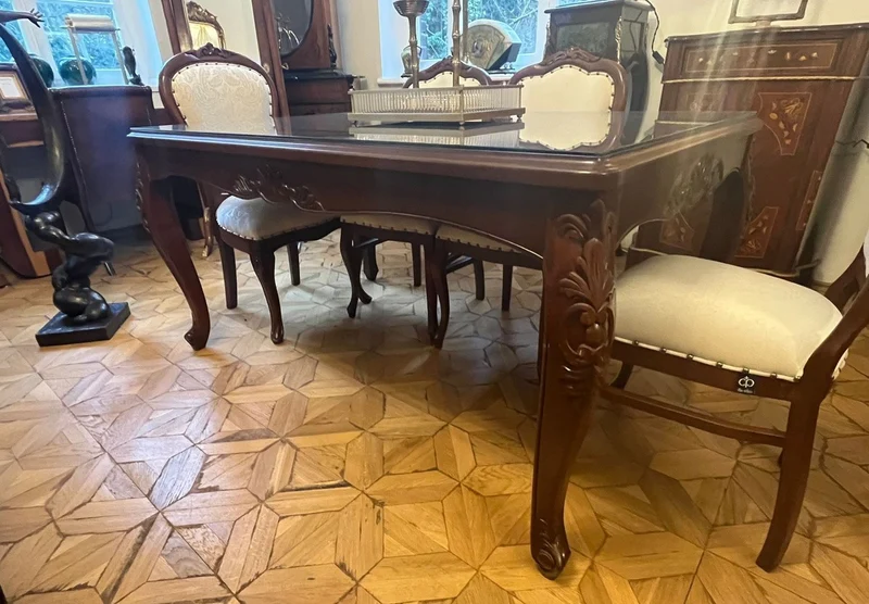 Casa Padrino Luxus Barock Esstisch mit Glasplatte Dunkelbraun - Handgefertigter Massivholz Esszimmertisch - Luxus Esszimmer Möbel im Barockstil - Barock Möbel - Barock Einrichtung