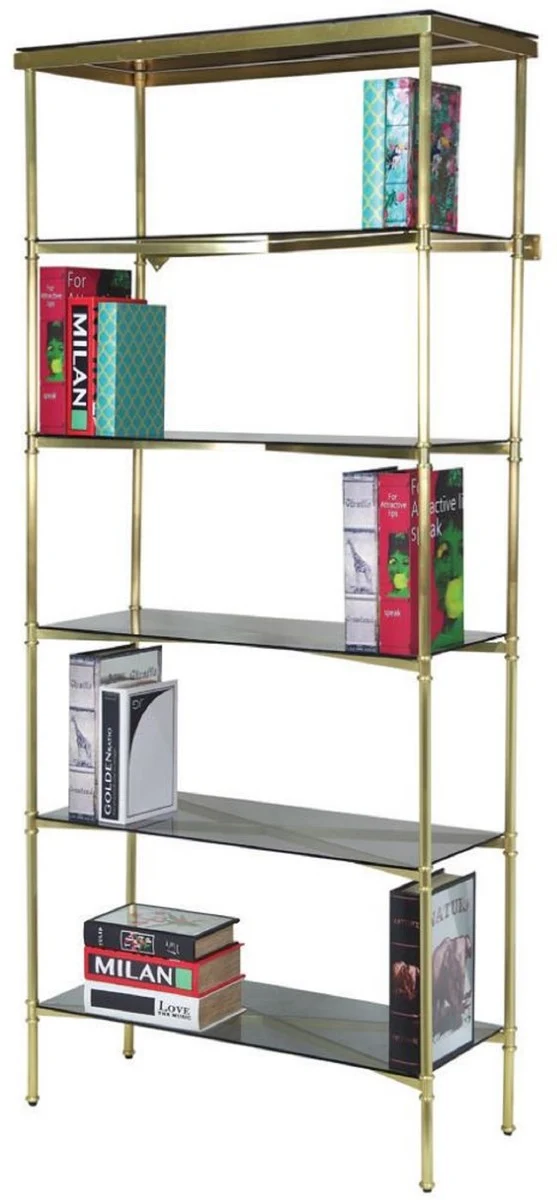 Casa Padrino Luxus Metall Regalschrank mit Glasregalen Gold / Grau 118 x 42 x H. 216 cm - Bücherschrank - Wohnzimmer Schrank - Büro Schrank - Wohnzimmer Möbel - Büro Möbel - Luxus Möbel