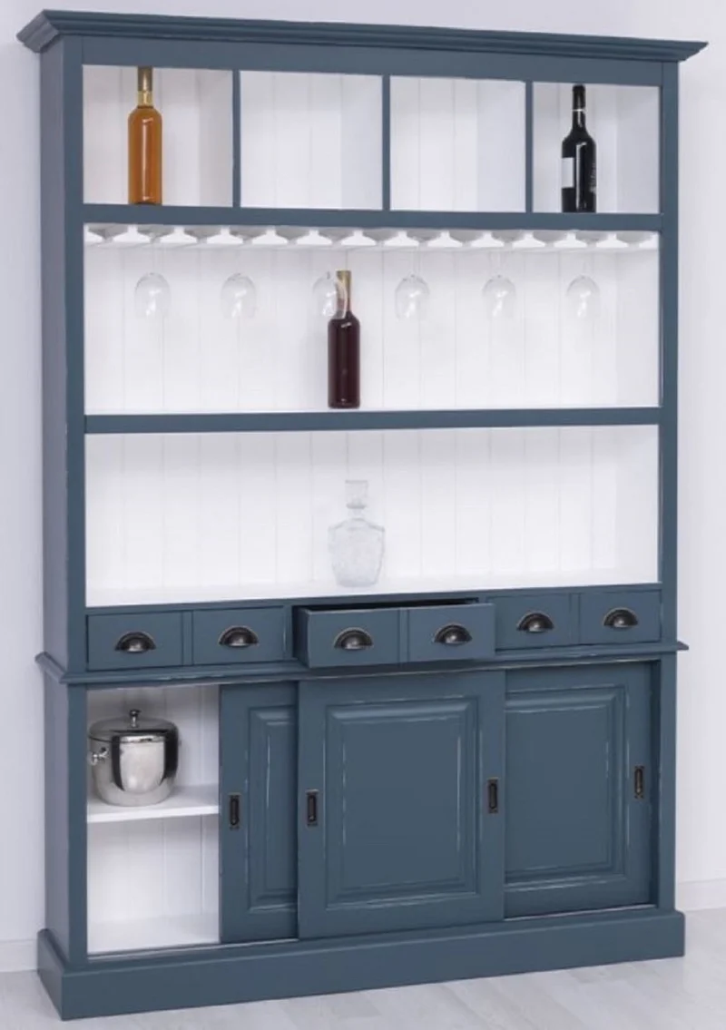 Casa Padrino Landhausstil Massivholz Barschrank Antik Blau / Weiß 151 x 36 x H. 210 cm - Massivholz Weinschrank im Landhausstil - Massivholz Bar Möbel - Landhausstil Bar Möbel