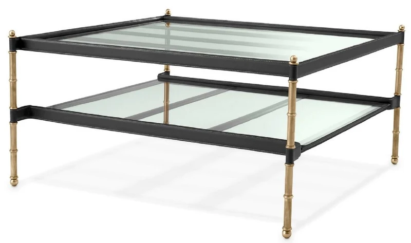 Casa Padrino Luxus Couchtisch Vintage Messing / Schwarz 89 x 87,5 x H. 44 cm - Wohnzimmertisch mit Glasplatten und Echtleder - Wohnzimmer Möbel - Hotel Möbel - Luxus Möbel - Luxus Einrichtung