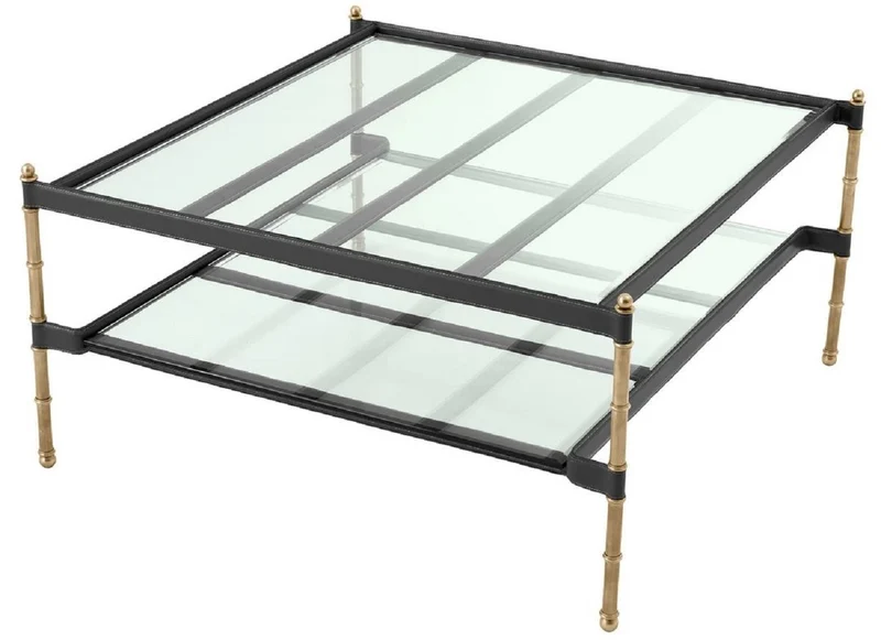 Casa Padrino Luxus Couchtisch Vintage Messing / Schwarz 89 x 87,5 x H. 44 cm - Wohnzimmertisch mit Glasplatten und Echtleder - Wohnzimmer Möbel - Hotel Möbel - Luxus Möbel - Luxus Einrichtung