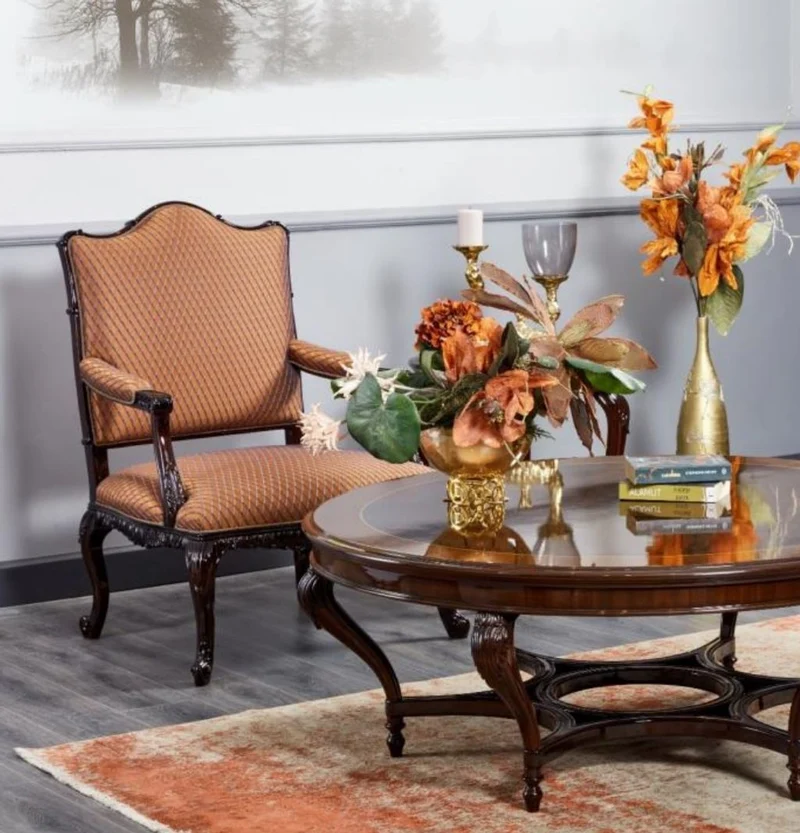 Casa Padrino Luxus Barock Sessel Orange / Dunkelbraun - Prunkvoller Wohnzimmer Sessel - Barockstil Wohnzimmer Möbel - Luxus Möbel im Barockstil - Barock Einrichtung - Edel & Prunkvoll