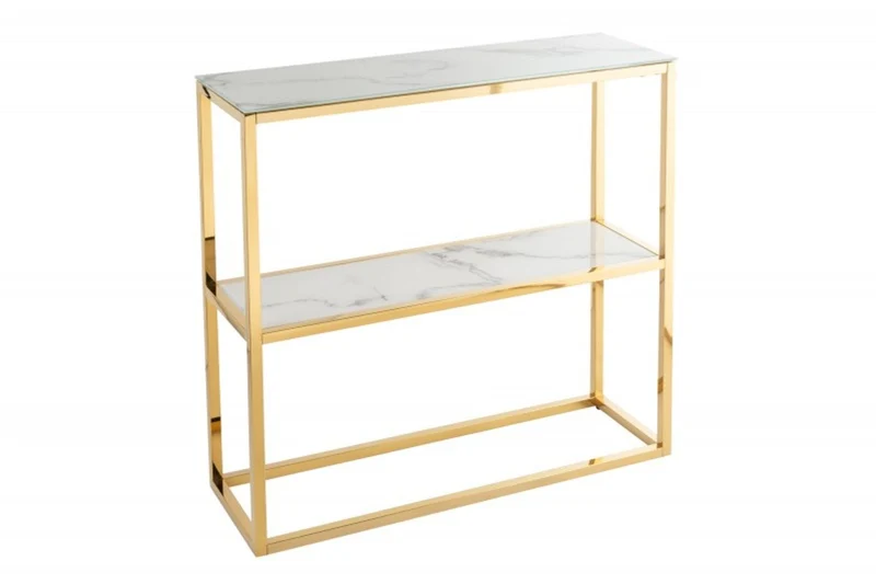 Casa Padrino Konsole Gold / Weiß / Grau Marmor Look 80 x 26 x H. 80 cm - Konsolentisch mit Glasplatte - Wohnzimmer Möbel