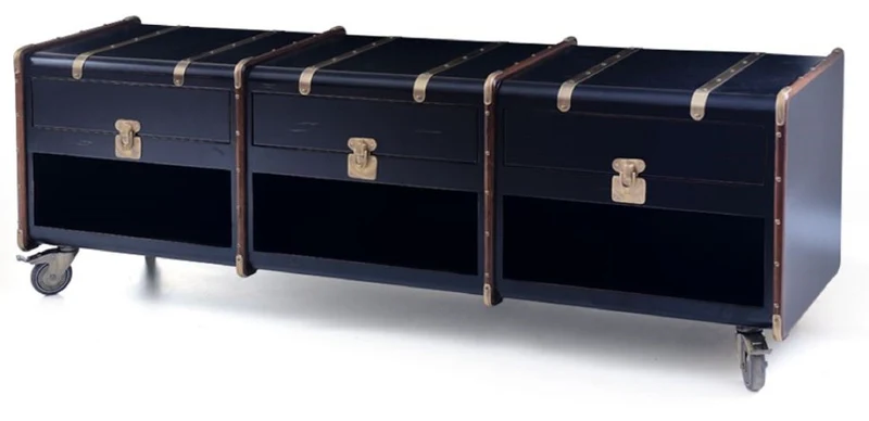 Casa Padrino Luxus TV Schrank in Koffer Optik Schwarz / Braun / Messing 201 x 48 x H. 65 cm - Massivholz Kofferschrank mit Rollen - Wohnzimmer Schrank - Luxus Möbel in Koffer Optik