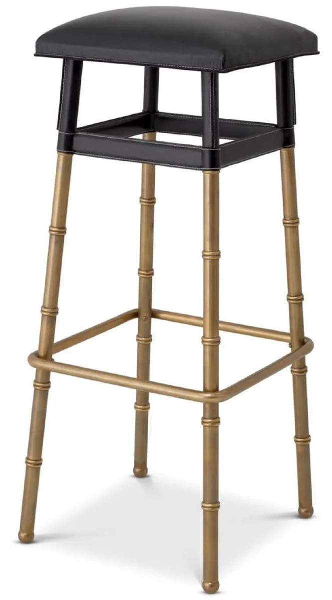 Casa Padrino Luxus Barhocker Schwarz / Vintage Messing 34,5 x 33 x H. 80,5 cm - Gepolsterter Barstuhl mit Echtleder - Bar Möbel - Leder Möbel - Luxus Möbel - Luxus Qualität