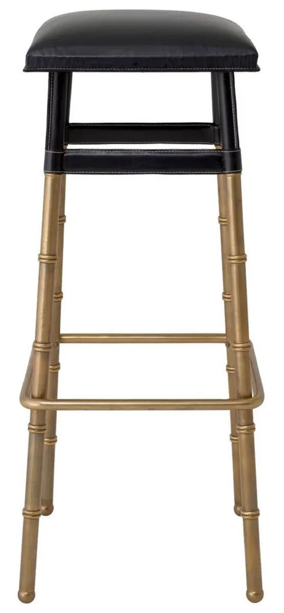 Casa Padrino Luxus Barhocker Schwarz / Vintage Messing 34,5 x 33 x H. 80,5 cm - Gepolsterter Barstuhl mit Echtleder - Bar Möbel - Leder Möbel - Luxus Möbel - Luxus Qualität