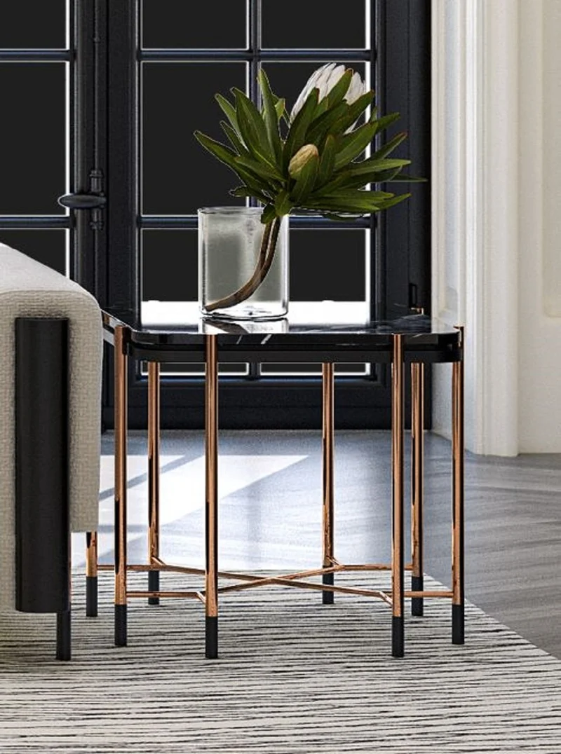 Casa Padrino Luxus Beistelltisch Schwarz / Matt Schwarz / Kupfer 59 x 59 x H. 55 cm - Quadratischer Tisch mit Marmorplatte - Wohnzimmer Möbel - Hotel Möbel - Luxus Möbel