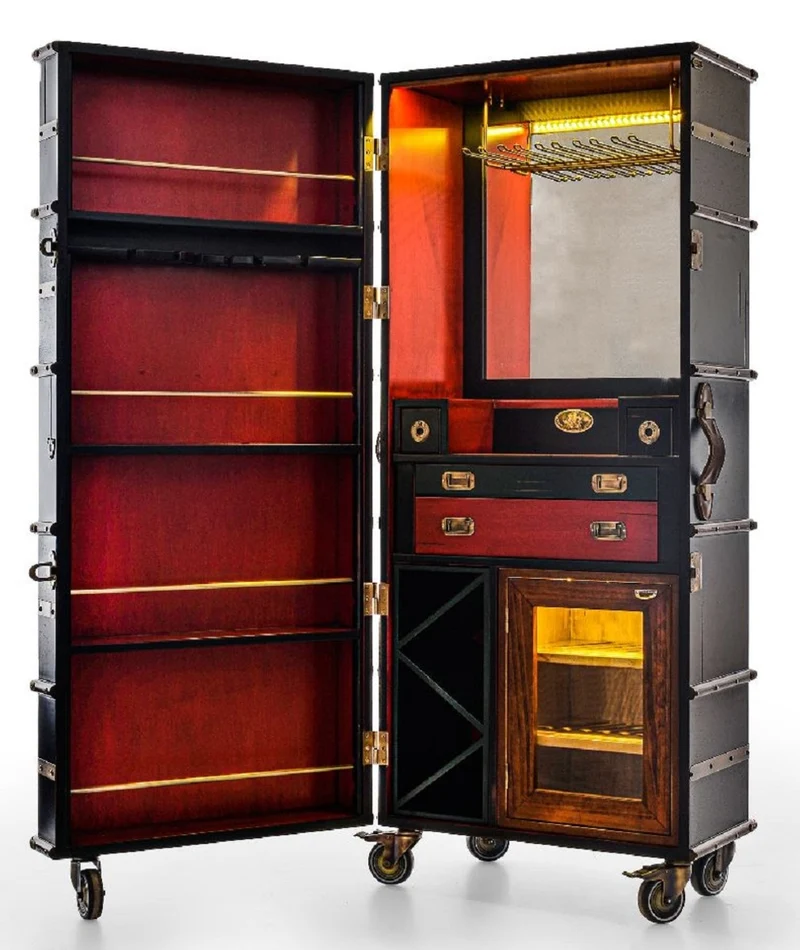 Casa Padrino Luxus Barschrank mit Rollen Antik Schwarz 73,5 x 54 x H. 173,5 cm - Kofferschrank im Retro Look - Retro Stil Weinschrank - Bar Möbel - Luxus Möbel
