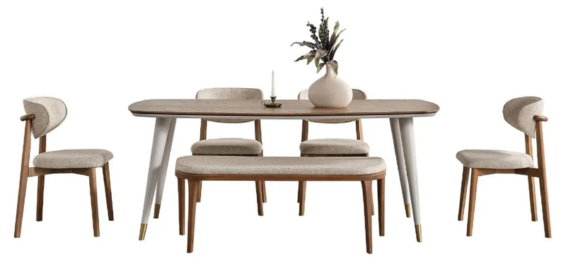 Casa Padrino Luxus Esszimmer Set Grau / Braun - 1 Luxus Esstisch & 4 Luxus Esszimmerstühle & 1 Luxus Sitzbank - Esszimmer Möbel - Luxus Möbel - Luxus Einrichtung - Esszimmer Einrichtung