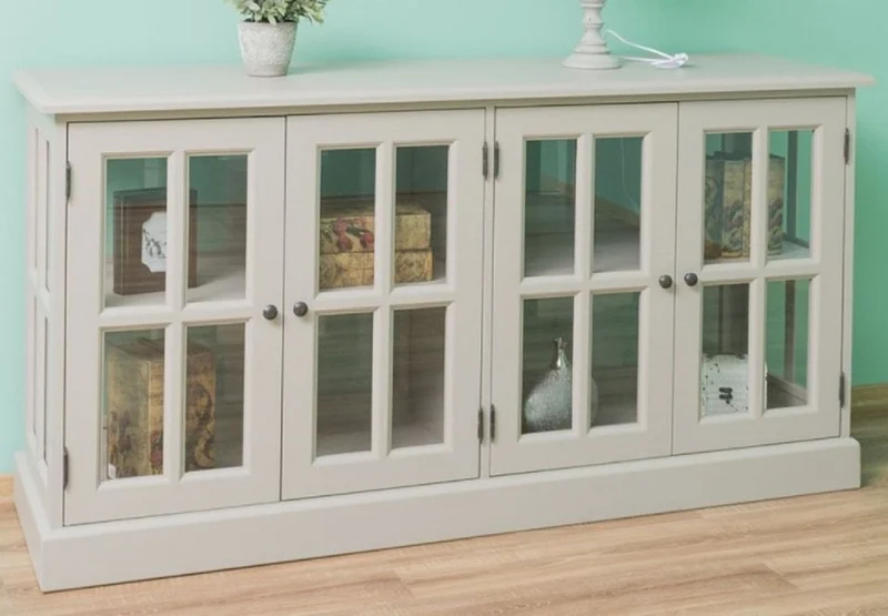 Casa Padrino Landhausstil Massivholz Sideboard Grau 175 x 53 x H. 90 cm - Landhausstil Massivholz Schrank mit 4 Türen - Landhausstil Möbel - Landhausstil Einrichtung - Massivholz Möbel