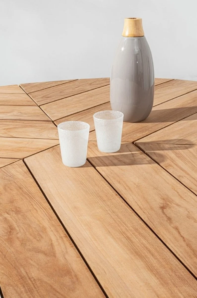 Casa Padrino Luxus Gartentisch Naturfarben / Weiß Ø 160 x H. 77 cm - Garten Esstisch mit Teakholz Tischplatte und Aluminium Beinen - Garten & Terrassen Tisch - Luxus Garten & Terrassen Möbel