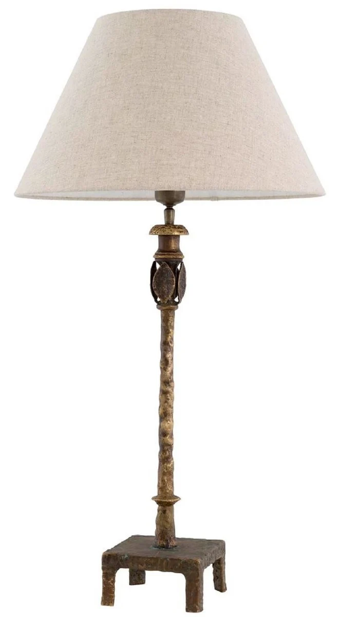 Casa Padrino Luxus Tischleuchte Vintage Messing / Beige Ø 44,5 x H. 84 cm - Schreibtischleuchte mit rundem Lampenschirm - Luxus Tischleuchten - Luxus Schreibtischleuchten - Luxus Leuchten