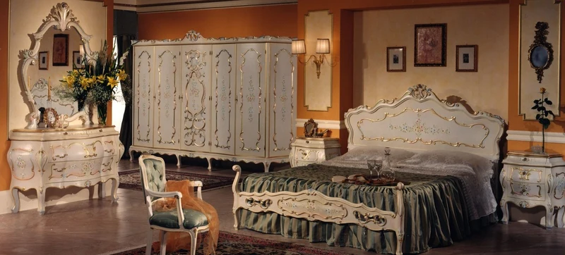 Casa Padrino Luxus Barock Doppelbett Elfenbein / Mehrfarbig / Gold - Prunkvolles Barockstil Massivholz Bett - Luxus Schlafzimmer Möbel im Barockstil - Luxus Qualität - Made in Italy