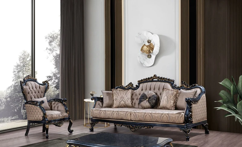 Casa Padrino Luxus Barock Wohnzimmer Set Grau / Blau / Gold - 2 Barock Sofas & 2 Barock Sessel & 1 Barock Couchtisch - Luxus Wohnzimmer Möbel im Barockstil - Barock Möbel - Edel & Prunkvoll