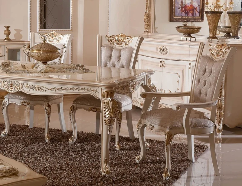 Casa Padrino Luxus Barock Esszimmerstuhl 6er Set Grau / Weiß / Beige / Gold - Barockstil Küchenstühle mit Muster - Luxus Esszimmer Möbel im Barockstil - Barock Esszimmer Möbel