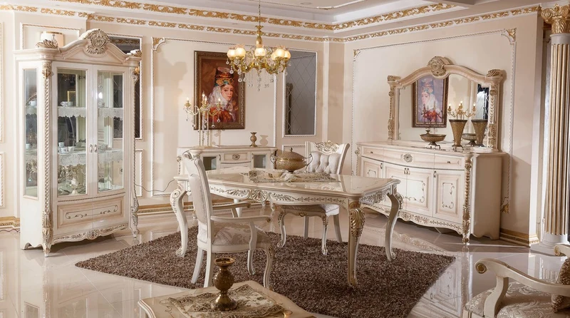 Casa Padrino Luxus Barock Esszimmerstuhl 6er Set Grau / Weiß / Beige / Gold - Barockstil Küchenstühle mit Muster - Luxus Esszimmer Möbel im Barockstil - Barock Esszimmer Möbel