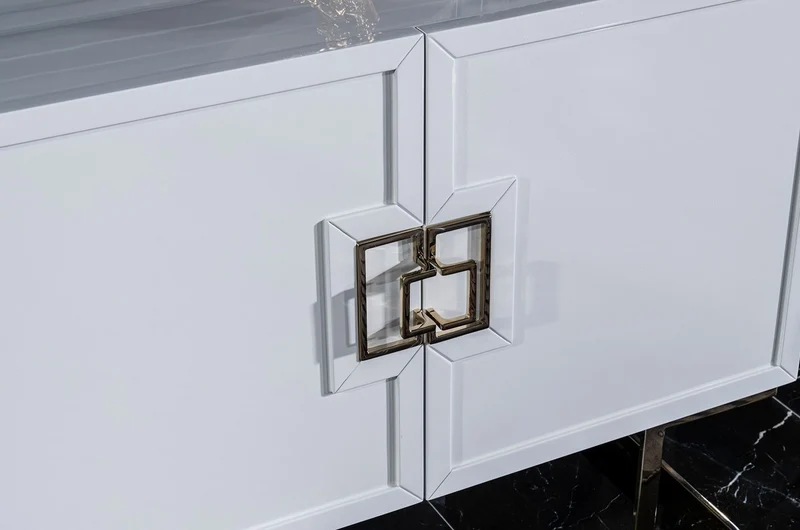 Casa Padrino Luxus Sideboard Weiß / Gold 210 x 50 x H. 85 cm - Edler Massivholz Schrank mit 4 Türen - Luxus Möbel - Luxus Einrichtung