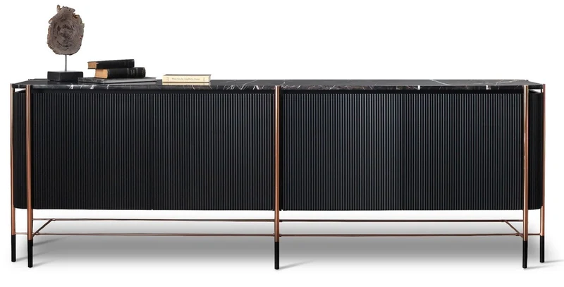 Casa Padrino Luxus Sideboard Schwarz / Matt Schwarz / Kupfer 240 x 47 x H. 80 cm - Massivholz Schrank mit 4 Türen und Marmorplatte - Esszimmer Möbel - Wohnzimmer Möbel - Hotel Möbel - Luxus Möbel