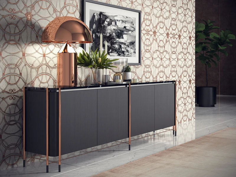 Casa Padrino Luxus Sideboard Schwarz / Matt Schwarz / Kupfer 240 x 47 x H. 80 cm - Massivholz Schrank mit 4 Türen und Marmorplatte - Esszimmer Möbel - Wohnzimmer Möbel - Hotel Möbel - Luxus Möbel