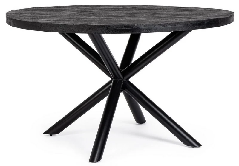 Casa Padrino Luxus Esstisch Schwarz Ø 130 x H. 76 cm - Runder Küchentisch mit Massivholz Tischplatte und pulverbeschichteten Stahl Beinen - Esszimmer Möbel - Küchen Möbel - Luxus Möbel