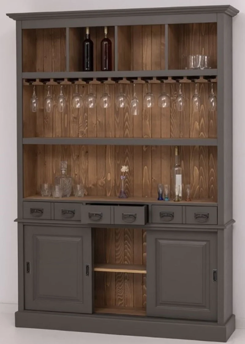 Casa Padrino Landhausstil Massivholz Barschrank Dunkelgrau / Braun 151 x 36 x H. 210 cm - Massivholz Weinschrank im Landhausstil - Massivholz Bar Möbel - Landhausstil Bar Möbel