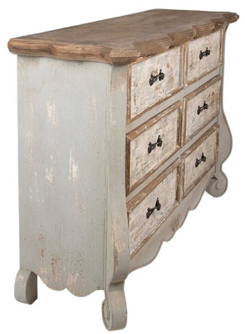 Casa Padrino Landhausstil Shabby Chic Kommode mit 6 Schubladen Grau / Beige / Gold / Braun 135 x 41 x H. 89 cm - Landhausstil Möbel - Shabby Chic Möbel - Landhausstil Einrichtung