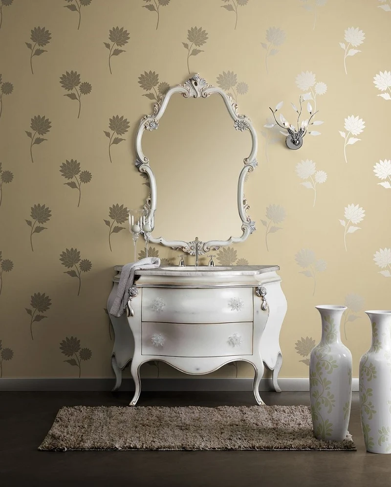 Casa Padrino Luxus Barock Badezimmer Set Weiß / Silber - 1 Barock Waschtisch & 1 Barock Wandspiegel - Luxus Badezimmer Möbel im Barockstil - Barock Möbel - Luxus Qualität - Made in Italy
