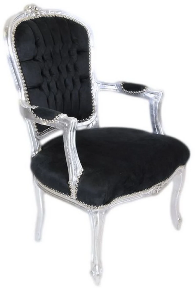Casa Padrino Barock Salon Stuhl Schwarz / Silber - Handgefertigter Antik Stil Stuhl mit edlem Samtstoff - Möbel im Barockstil - Barock Möbel - Barock Einrichtung