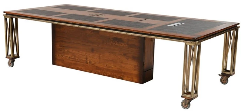 Casa Padrino Luxus Vintage Stil Schreibtisch Braun / Messing / Schwarz 270 x 120 x H. 76 cm - Massivholz Bürotisch mit Rollen - Vintage Stil Büro Möbel - Luxus Büro Möbel