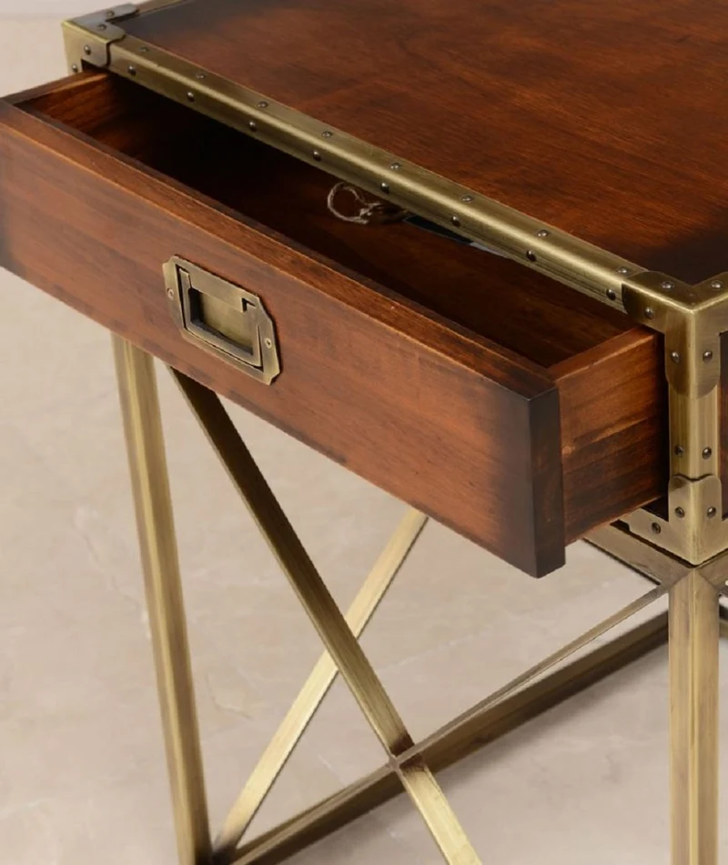 Casa Padrino Luxus Vintage Stil Beistelltisch Braun / Messing 55,5 x 55,5 x H. 72 cm - Quadratischer Nachttisch mit Schublade - Wohnzimmer Möbel - Schlafzimmer Möbel - Luxus Vintage Stil Möbel