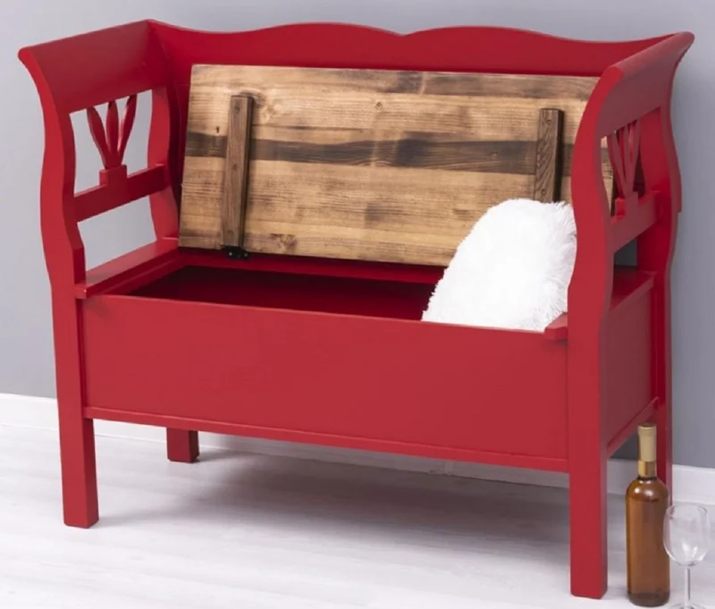 Casa Padrino Landhausstil Sitzbank Rot / Braun 117 x 48 x H. 92 cm - Massivholz Bank mit Stauraum - Massivholz Möbel - Landhausstil Möbel - Landhausstil Einrichtung