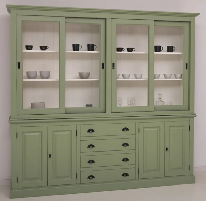 Casa Padrino Landhausstil Esszimmerschrank Grün / Weiß 240 x 47 x H. 220 cm - Massivholz Küchenschrank - Esszimmer Möbel im Landhausstil - Landhausstil Esszimmer Einrichtung