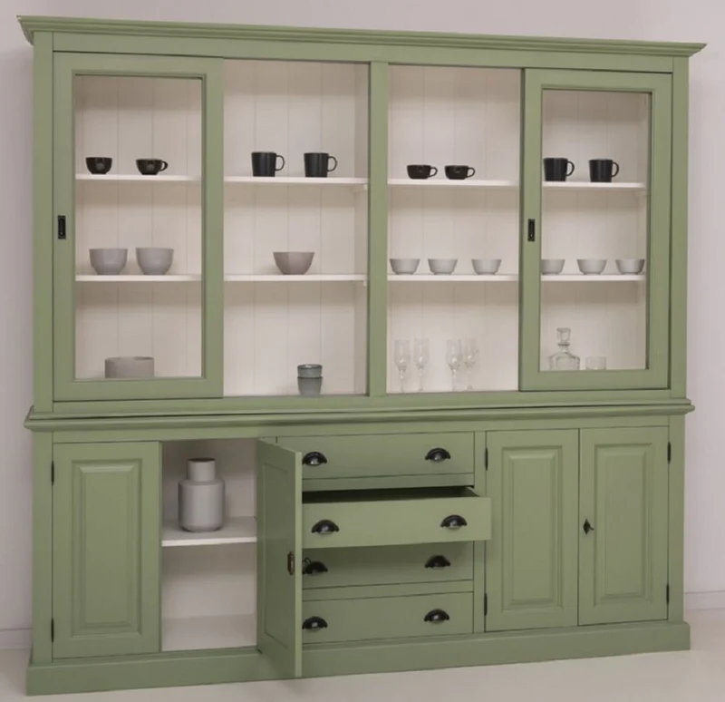 Casa Padrino Landhausstil Esszimmerschrank Grün / Weiß 240 x 47 x H. 220 cm - Massivholz Küchenschrank - Esszimmer Möbel im Landhausstil - Landhausstil Esszimmer Einrichtung