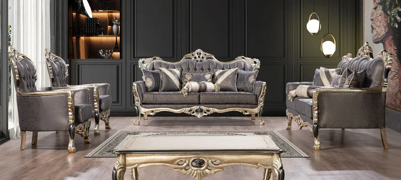 Casa Padrino Luxus Barock Wohnzimmer Set Lila / Antik Gold / Schwarz - 2 Barock Sofas & 2 Barock Sessel & 1 Barock Couchtisch - Luxus Wohnzimmer Möbel im Barockstil - Barock Möbel
