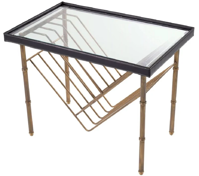 Casa Padrino Luxus Beistelltisch Vintage Messing / Schwarz 70 x 45 x H. 56 cm - Rechteckiger Tisch mit Glasplatte - Wohnzimmer Möbel - Luxus Möbel - Luxus Einrichtung - Wohnzimmer Einrichtung