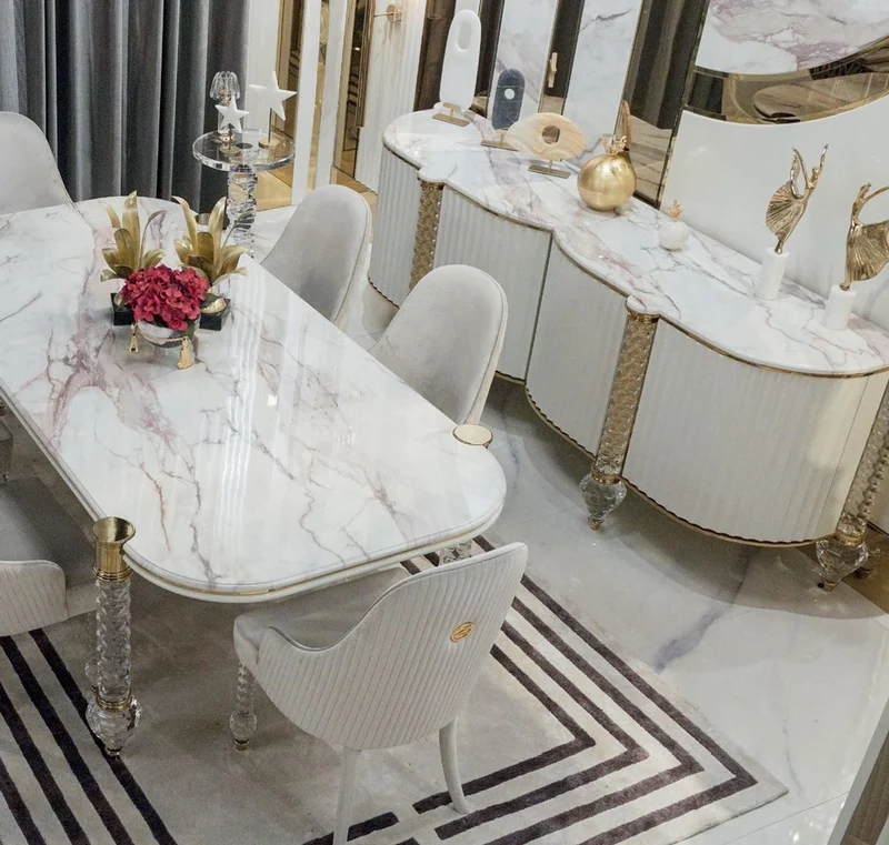 Casa Padrino Luxus Art Deco Esstisch Weiß / Gold 230 x 121 x H. 77 cm - Art Deco Esszimmer Tisch mit Kunstmarmor Tischplatte - Art Deco Möbel - Esszimmer Möbel - Luxus Möbel - Luxus Qualität