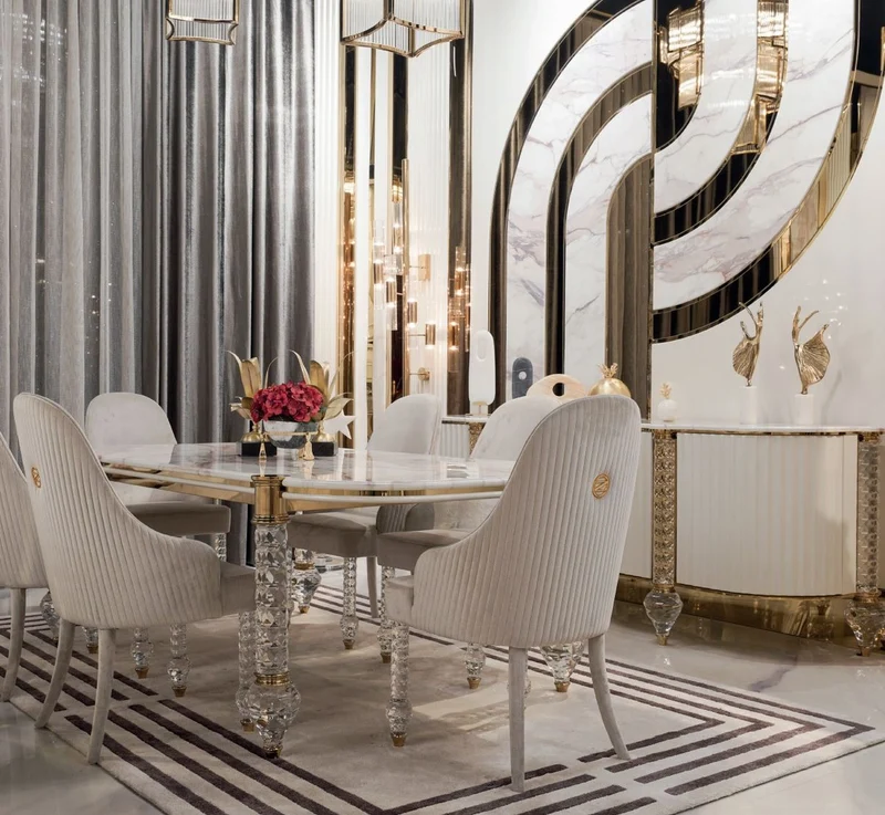 Casa Padrino Luxus Art Deco Esstisch Weiß / Gold 230 x 121 x H. 77 cm - Art Deco Esszimmer Tisch mit Kunstmarmor Tischplatte - Art Deco Möbel - Esszimmer Möbel - Luxus Möbel - Luxus Qualität