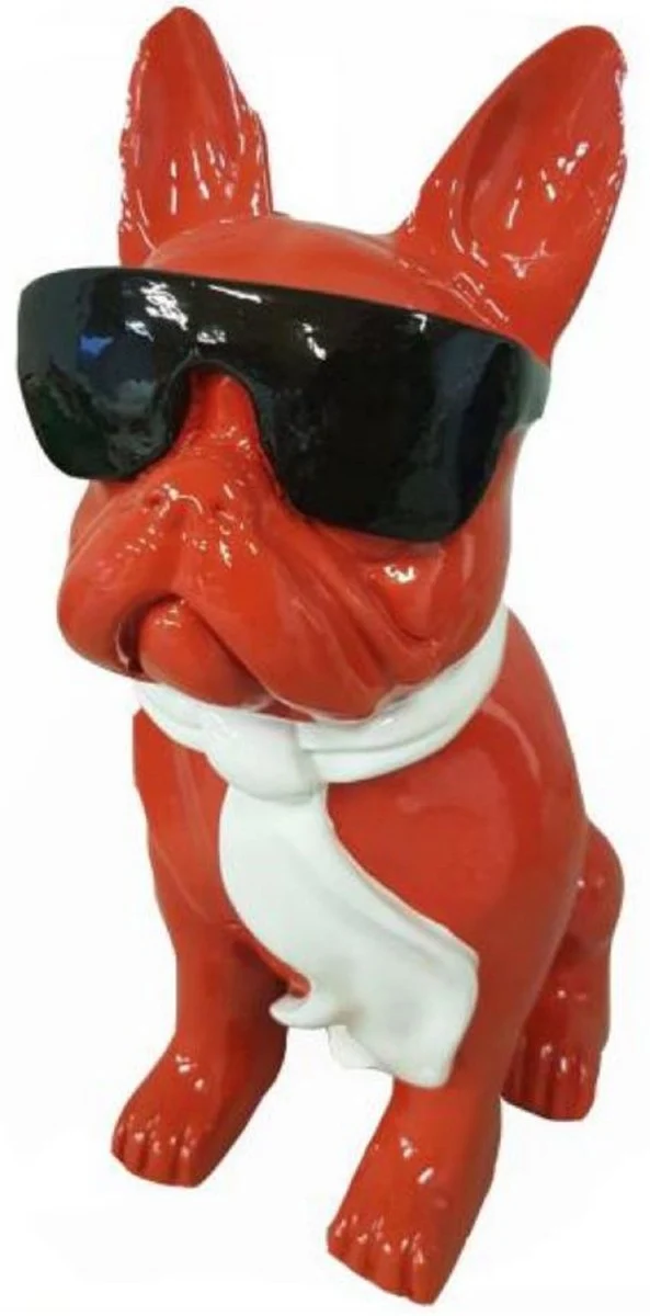 Casa Padrino Luxus Deko Skulptur Hund Bulldogge Rot / Weiß / Schwarz H. 120 cm - Große Deko Figur - XXL Deko Skulptur - XXL Deko Figur - Wohnzimmer Deko - Garten Deko - Luxus Deko XXL Figuren