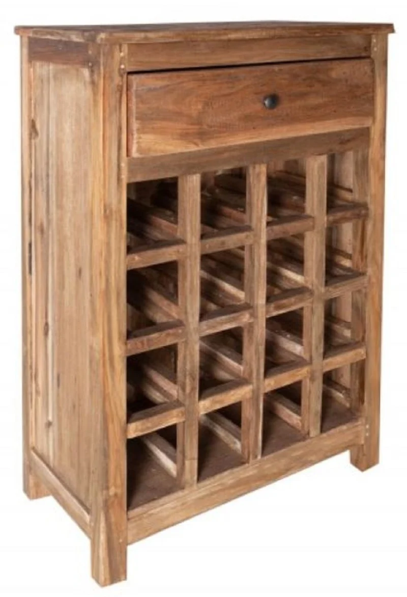 Casa Padrino Landhausstil Weinschrank mit Schublade und Weinflaschen Regal Naturfarben 56 x 31 x H. 81 cm - Barschrank aus recyceltem Massivholz - Bar Möbel - Landhausstil Möbel