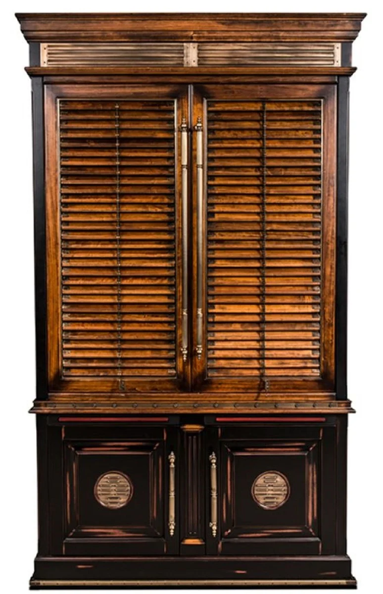 Casa Padrino Luxus Vintage Stil Bücherschrank Braun / Naturfarben / Schwarz 146,5 x 46 x H. 247 cm - Massivholz Schrank - Regalschrank - Wohnzimmerschrank - Büroschrank - Luxus Massivholz Möbel