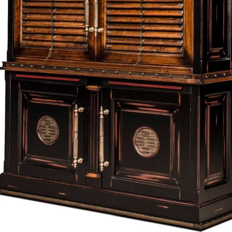 Casa Padrino Luxus Vintage Stil Bücherschrank Braun / Naturfarben / Schwarz 146,5 x 46 x H. 247 cm - Massivholz Schrank - Regalschrank - Wohnzimmerschrank - Büroschrank - Luxus Massivholz Möbel