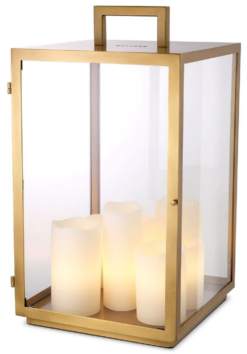 Casa Padrino Luxus Tischleuchte Antik Messing 35 x 35 x H. 65 cm - Metall Schreibtschleuchte mit Tragegriff und Lampenschirmen in Kerzenform - Luxus Leuchten - Luxus Möbel - Luxus Interior