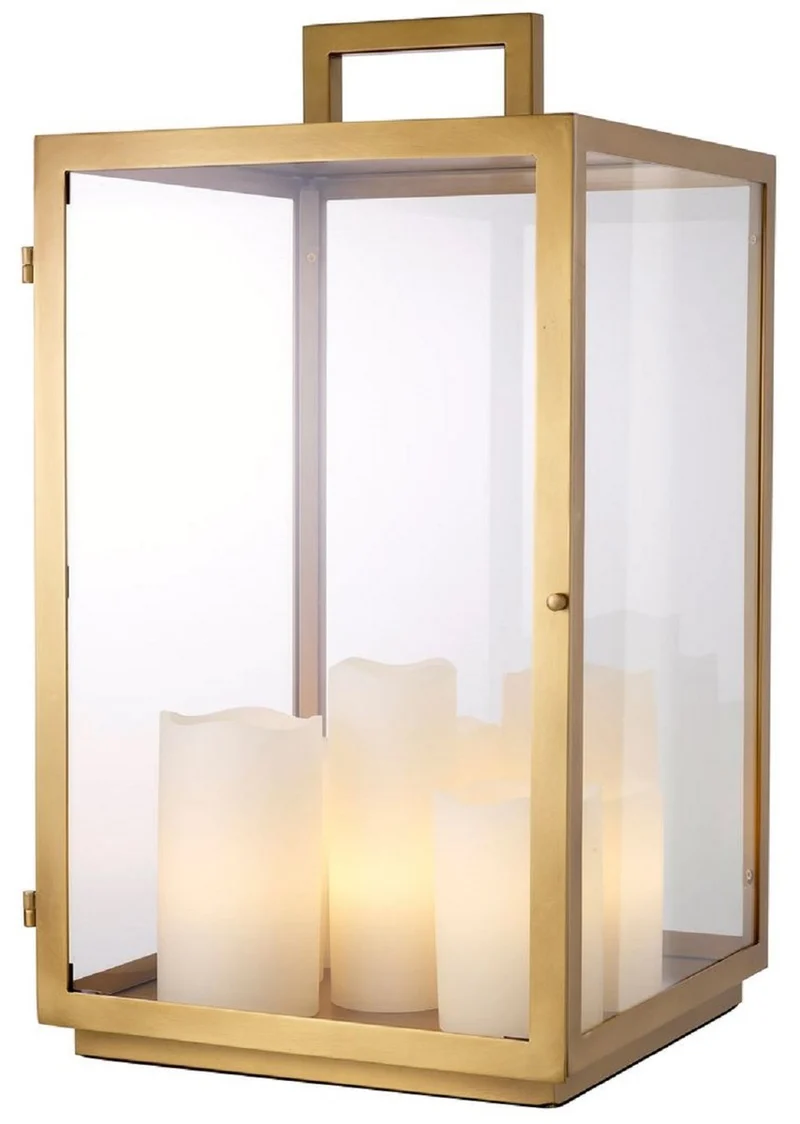 Casa Padrino Luxus Tischleuchte Antik Messing 35 x 35 x H. 65 cm - Metall Schreibtschleuchte mit Tragegriff und Lampenschirmen in Kerzenform - Luxus Leuchten - Luxus Möbel - Luxus Interior