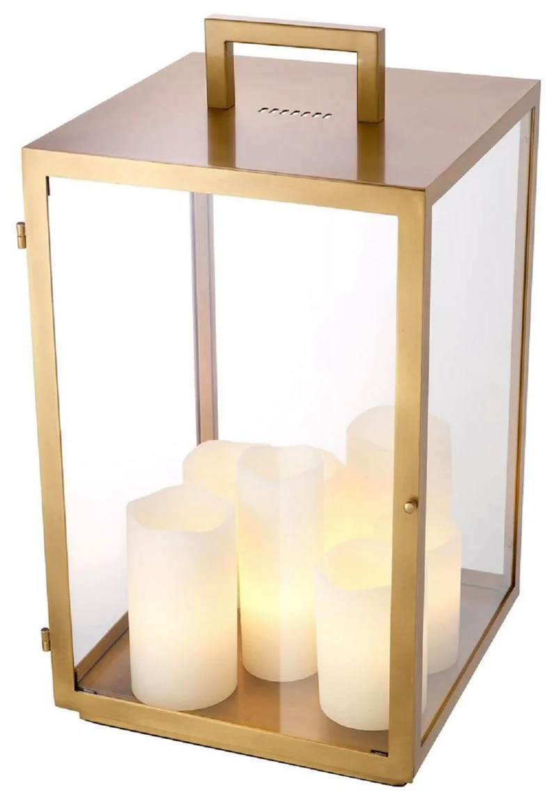 Casa Padrino Luxus Tischleuchte Antik Messing 35 x 35 x H. 65 cm - Metall Schreibtschleuchte mit Tragegriff und Lampenschirmen in Kerzenform - Luxus Leuchten - Luxus Möbel - Luxus Interior