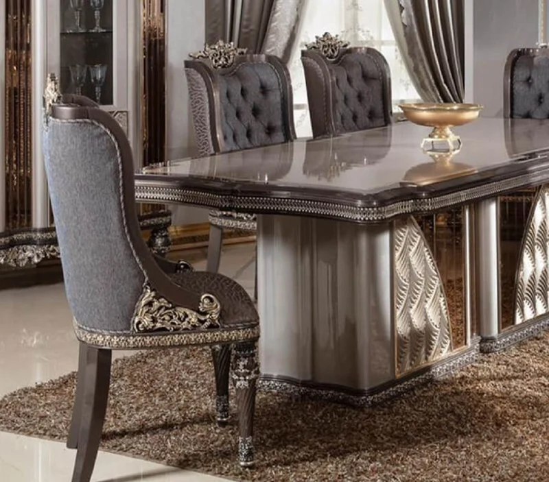 Casa Padrino Luxus Barock Esszimmerstuhl 6er Set Blau / Grau / Dunkelbraun / Gold - Barockstil Küchenstühle mit Muster - Luxus Esszimmer Möbel im Barockstil - Barock Esszimmer Möbel